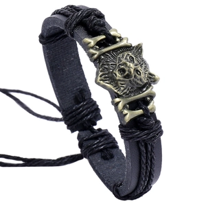 Vintage Punk Braided Faux Leather Bracelet Men Women Antique Bronze Alloy Wolf Head Bone Charm Woven Adjustable Wristband