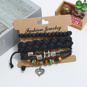 Retro multi-layer woven leather bracelet set with wooden beads and heart charm
