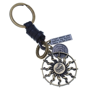 Vintage Handmade Woven Cowhide Leather Keychain Metal Sun Pendant Engraved English Quote Car Key Ring For Men Women Gift