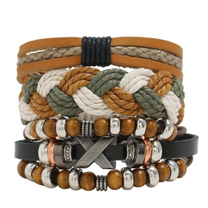 Vintage Multilayer Cowhide Leather Bracelet Braided Hemp Rope Wood Beads Adjustable Alloy Charm Ethnic Jewelry Collection