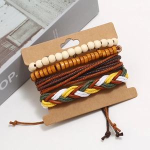 Ensemble vintage de 4 bracelets multicouches faits main en cuir et perles de bois