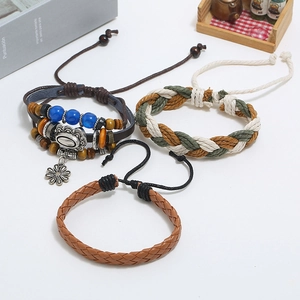 Three-piece punk style set with braided leather, beads and woven hemp rope bracelets