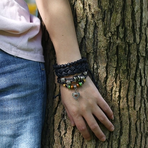 Retro multi-layer woven leather bracelet set with wooden beads and a heart charm pendant