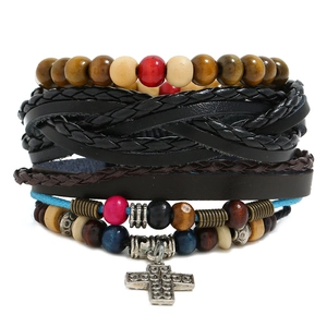 Bracelets Multiples En Cuir Tressé Perles De Bois Corde De Chanvre Pendentif Croix Alliage Hommes Style Bohème Ethnique