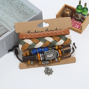 Retro multi-layer leather bracelet set with woven hemp ropes and sunflower charm