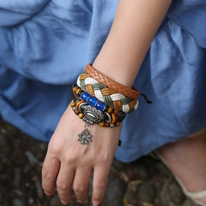 Multilayer bohemian braided leather bracelet set with beads and sun flower metal charms