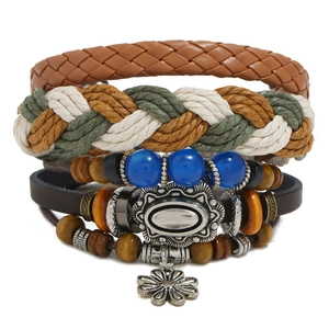 Men Retro Woven Leather Hemp Rope Wood Beaded Bracelet Collection Multicolor Bohemian Ethnic Style Sunflower Pendant Bracelets