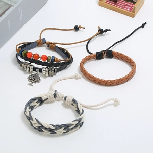 Ensemble de 3 bracelets multicouches en cuir avec pendentif arbre de vie et perles