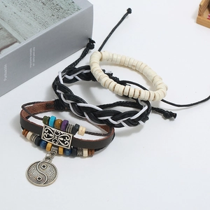 Set di 3 bracciali punk vintage in pelle con perline, corde e ciondolo Tai Chi