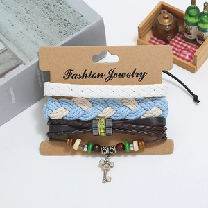 Multilayer braided leather bracelet set with retro key pendant and wooden beads
