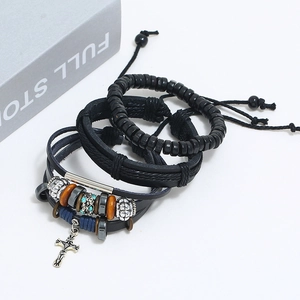 Multi-layer men's leather bracelet set with vintage metal cross pendant and black beads