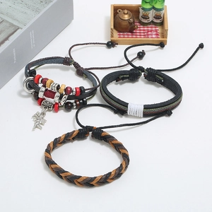 Ensemble de 3 bracelets punk vintage en cuir tressé avec pendentif aile d'ange
