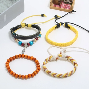 Multilayer bohemian braided leather bracelet set with wooden beads and fish charm