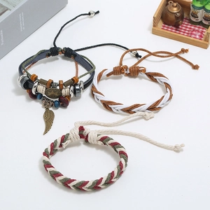 Three-piece punk style beaded leather wrap bracelet set for men with wing charms