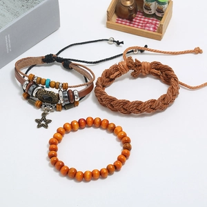 Three-piece retro layered leather bracelet set with wooden beads and a star charm