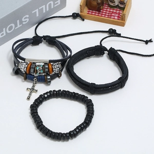 Three-piece men's vintage leather bracelet set with wooden beads and silver cross charms