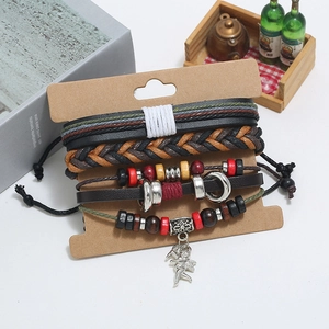 Ensemble de bracelets en cuir tressé pour hommes avec perles en bois et breloque ange