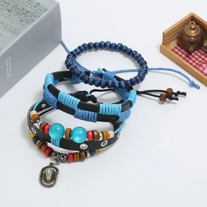 Retro multi-layer woven leather bracelet set with blue wooden beads and cowboy hat charm
