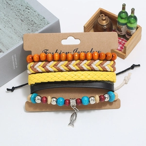 Five-piece multi-layered woven leather bracelet set with wooden beads and fish charm pendant