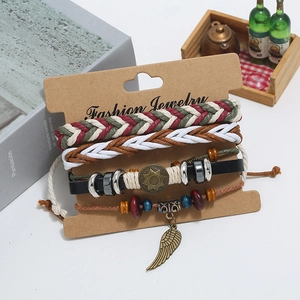 Men's bohemian four-piece beaded and braided leather bracelet set with bronze feather charm