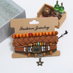 Set of four vintage multi-layer leather bracelets with wooden beads and star charm