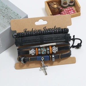 Men's multilayer leather bracelet set with vintage woven straps and silver crucifix pendant