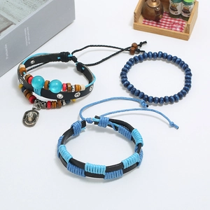 Men's retro multilayer braided leather bracelet set with blue beads and hat pendant