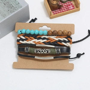 Men's retro multilayer braided leather bracelet set with turquoise beads and metal charms