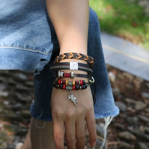 Set de bracelets rétro en cuir pour homme avec tresses, perles et pendentif ange