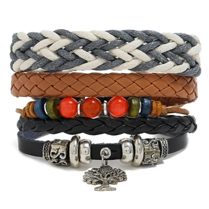 Vintage Arbre de Vie Ensemble de Bracelets Tressés en Cuir de Vache Multicouche Avec Perles en Bois Pendentifs en Alliage pour Hommes Femmes Bijoux