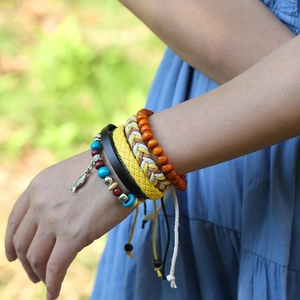 Bohemian multi-layer braided leather bracelet set with wooden beads and fish pendant