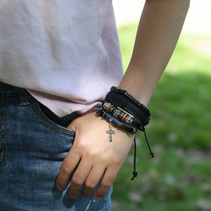 Men's vintage layered leather bracelet set with cross pendant and skull beads