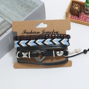 Retro multi-layer leather bracelet set with wooden beads and a heart-shaped metal buckle