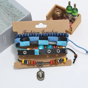 Multilayer braided leather bracelet set with wooden beads and cowboy hat charm