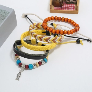 Multilayer bohemian handmade leather bracelet set with wooden beads and fish charm pendant