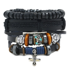 Men's Retro Multi-layer Braided Leather Bracelet Set With Alloy Cross Pendant Vintage Ethnic Style Wrap Wristband Jewelry