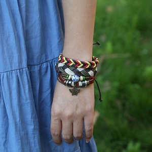 Three-piece bohemian braided leather bracelet set with ethnic butterfly charm and beads