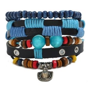 Retro Multilayer Cowhide Bracelet Wood Bead Braided Bracelet Combination Western Cowboy Hat Charm Bracelet Jewelry For Men Women