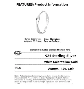 Detailed size specifications for 925 silver diamond rhombus wave ring in white and yellow gold