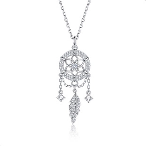 Macro shot of 925 sterling silver dreamcatcher necklace with sparkling CZ feathers