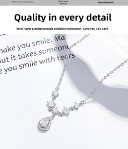 Macro shot of 925 sterling silver water drop pendant with sparkling zircon details