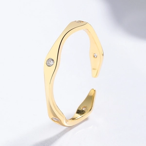 Minimalist 925 sterling silver geometric wavy gold open ring with cubic zirconia stones