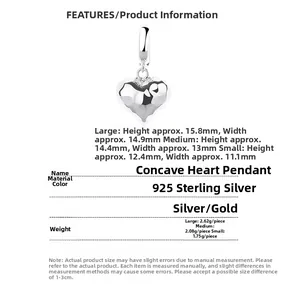 Size chart for 925 sterling silver concave heart pendants in three different dimensions
