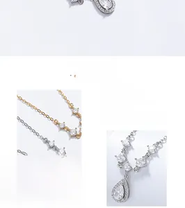 Macro detail of S925 sterling silver water drop pendant necklace with zircon stone inlay