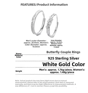 Detailed technical specifications for 925 silver butterfly couple rings with dimensions