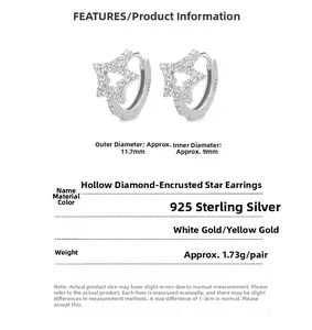 Detail view of 925 sterling silver hollow star earrings with S925 hallmark and zircon stones