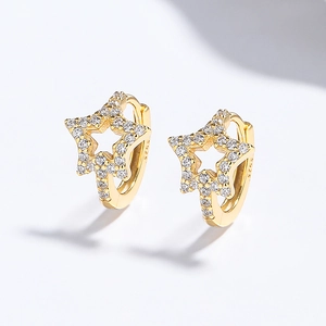 Elegant 925 sterling silver hollow star hoop earrings with white zircon in gold finish