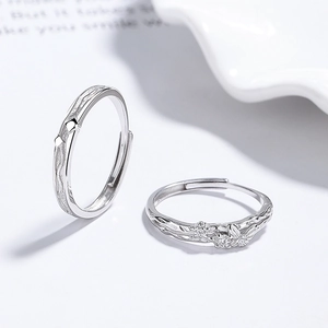 Adjustable S925 silver couple rings set with wave pattern and crystal butterfly detail