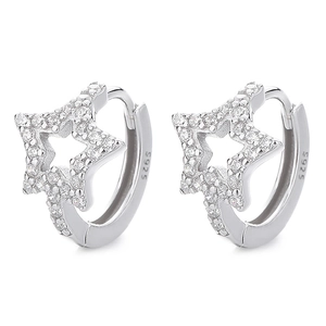 Elegant 925 sterling silver hollow star hoop earrings with sparkling zircon stones