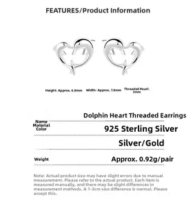 Technical drawing showing 925 silver dolphin heart stud dimensions and screw back detail